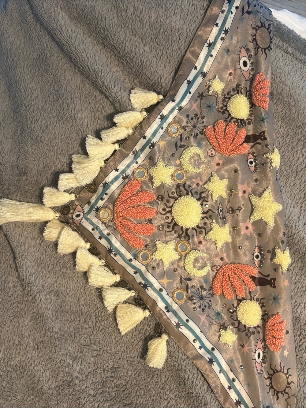 Embroidered Tassel Triangle Scarf - Yellow & Coral Accents